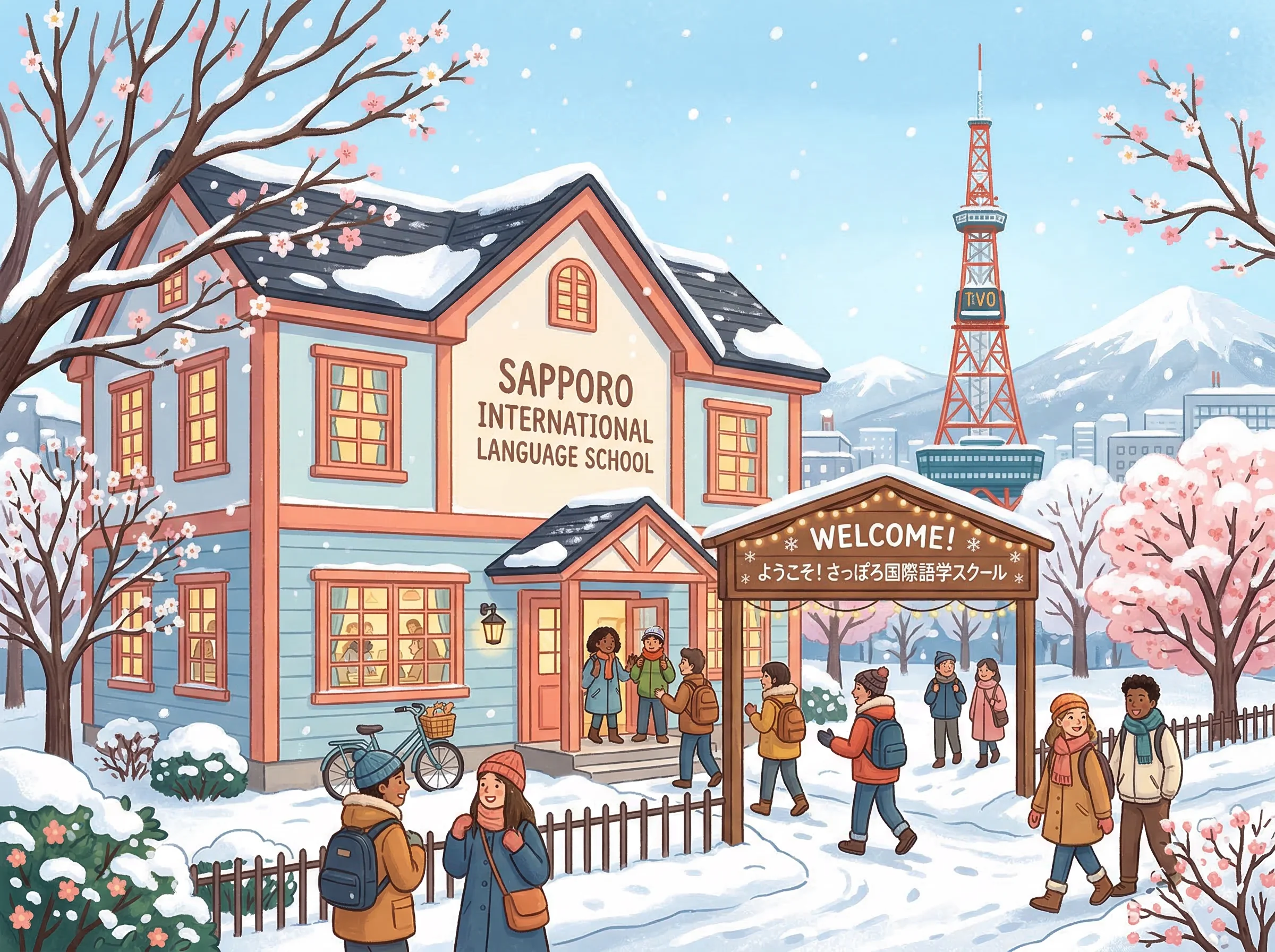 Welcoming language school building in Sapporo with students arriving, cherry blossoms and Sapporo TV Tower in background