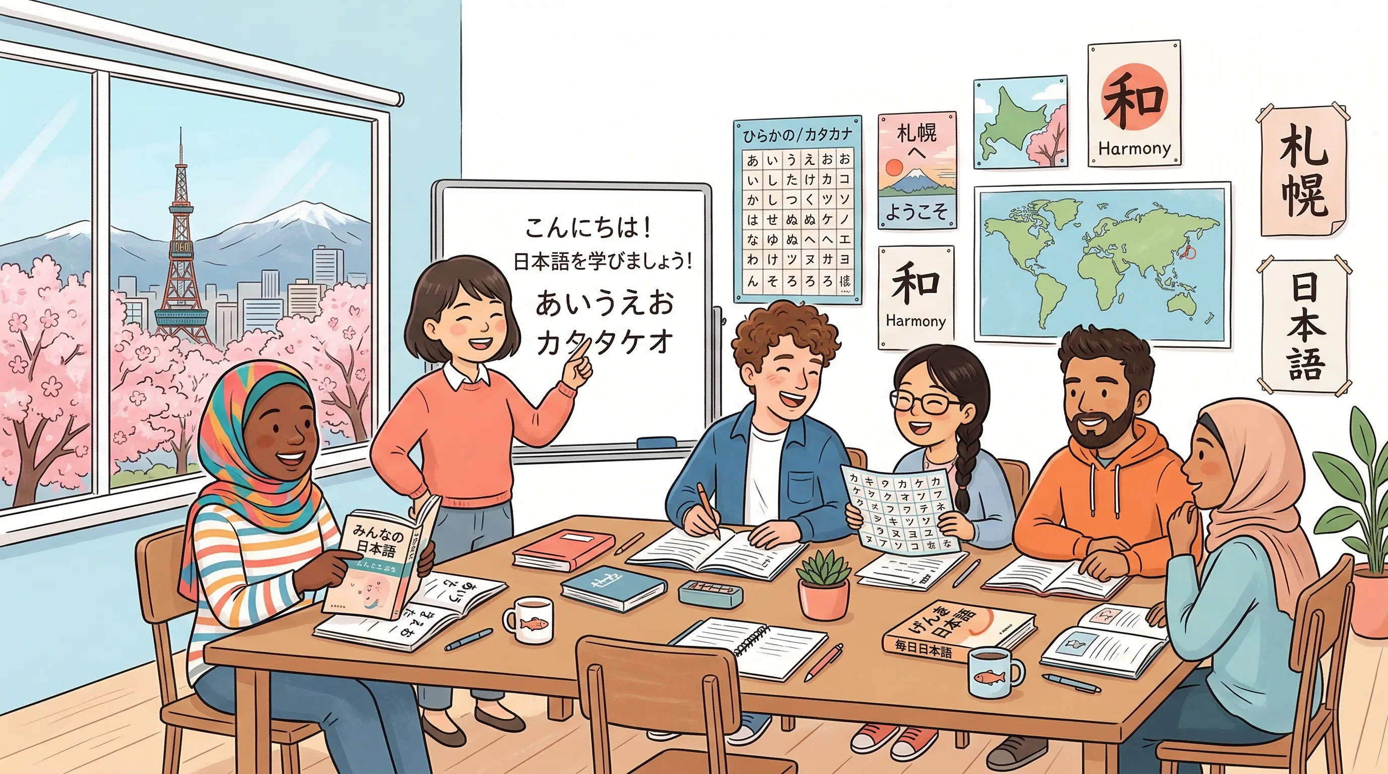 Diverse students learning Japanese together in a bright Sapporo classroom with cherry blossoms outside
