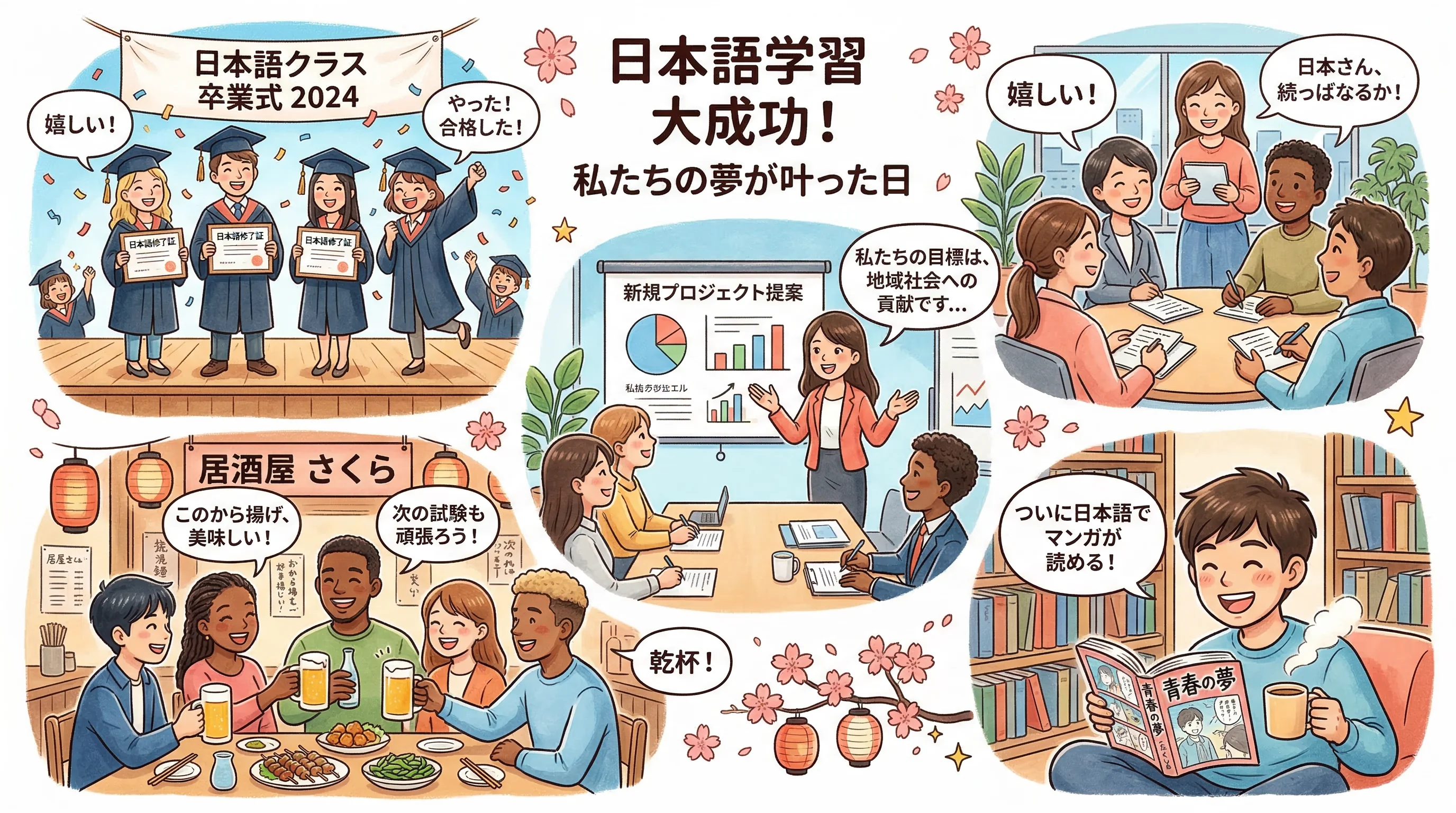 Collage of successful Japanese language students celebrating achievements including graduation, business presentations, and cultural activities